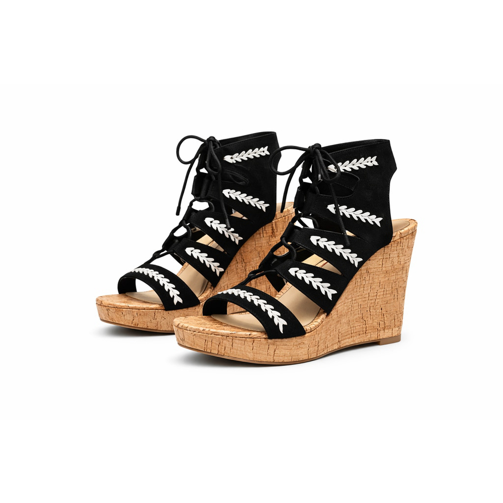 Marc Fisher Womens Hosana Wedge Sandals Black Suede Cork Platform Gladiator Sz 8 - Picture 1 of 8
